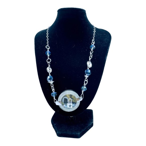 Upcycled Watch Shell Crystal Necklace Floating Memory Cameo & Swarovski Pendant - Picture 4 of 14